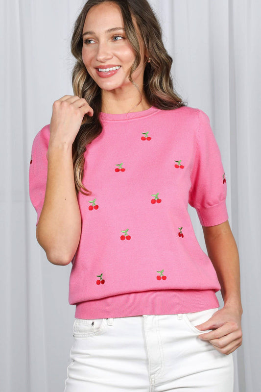 Cherry Embroidered Crew Neck Knitted Sweater VT82686A