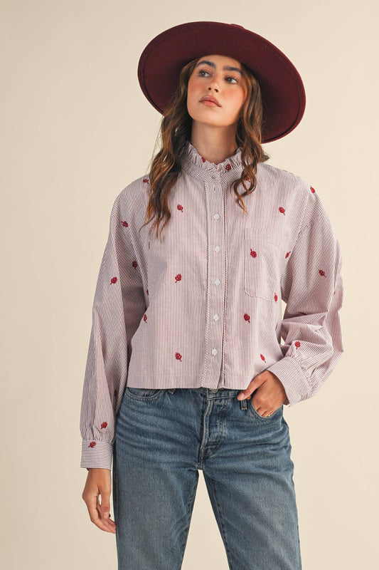 EMBROIDERED MOCK NECK STRIPED BUTTON UP TOP