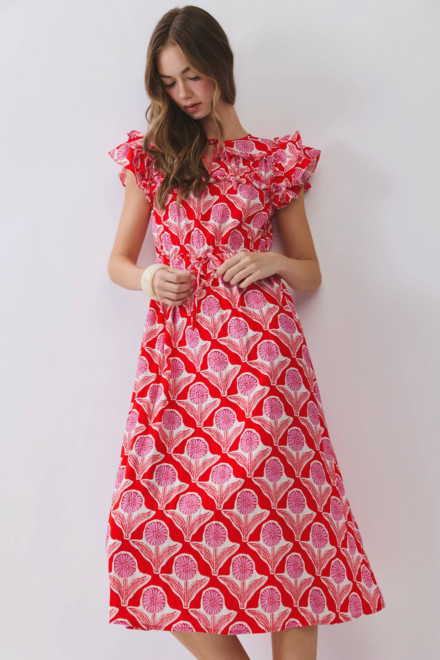 Red Floral Ruffle Sleeves Midi Dress
