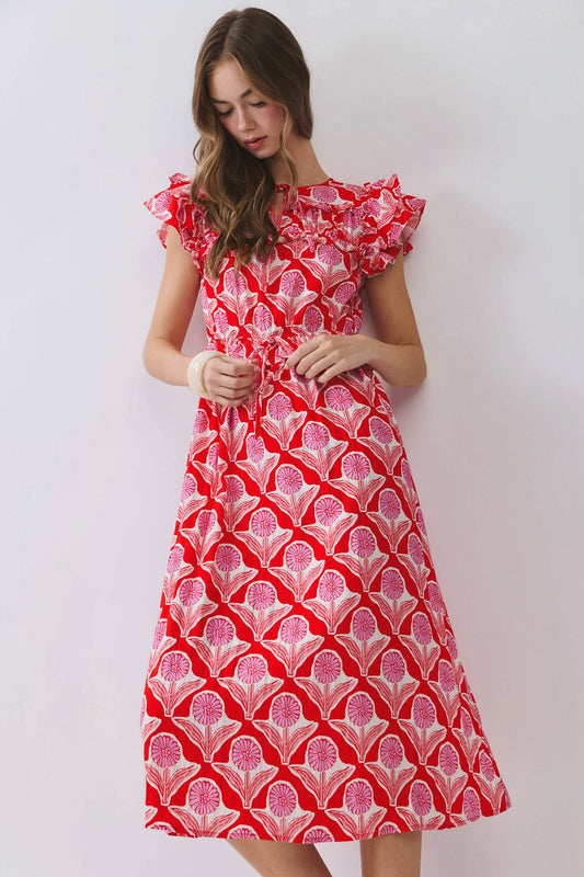 Red Floral Ruffle Sleeves Midi Dress