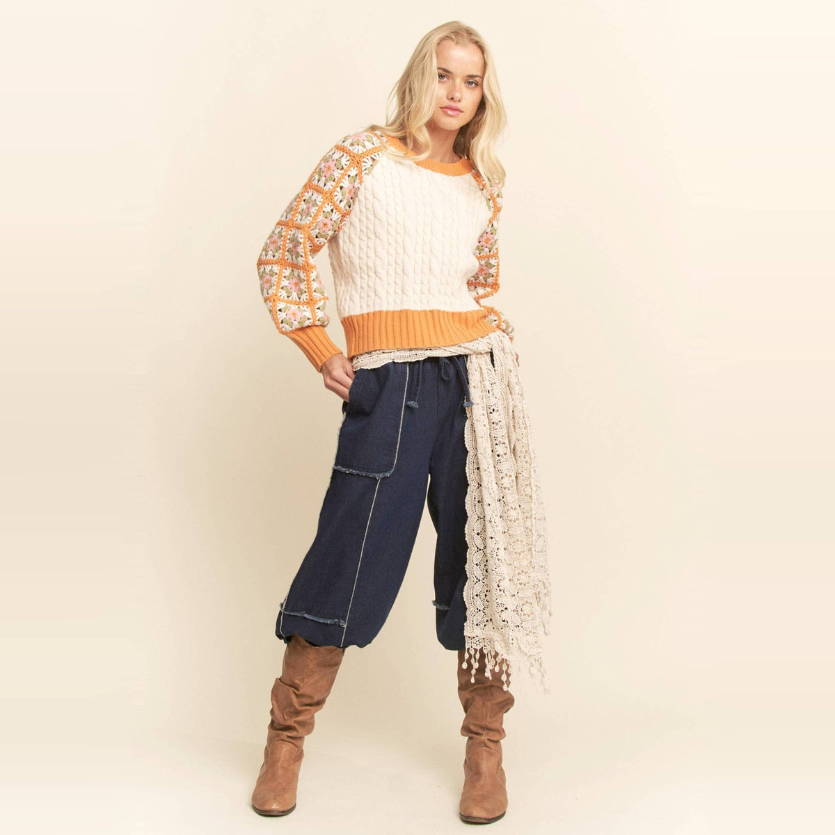 Cable Knit Sweater With Crochet Floral Sleeves