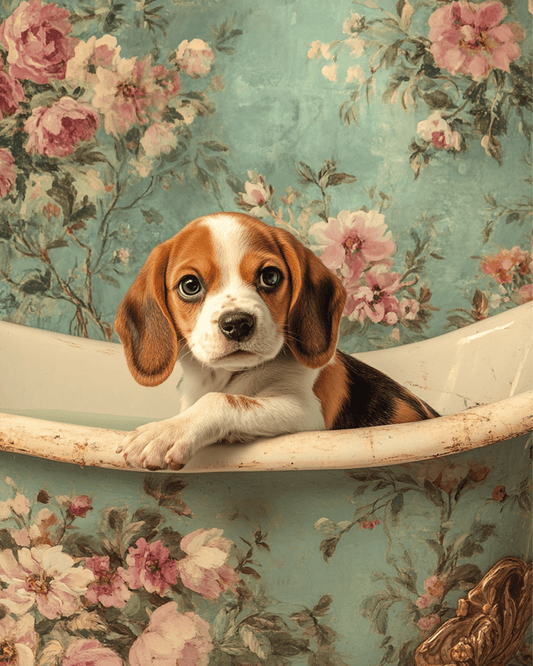 Beagle Puppy in Bathtub - 8″x10″ Artwork in 11″x14″ Antique Gold Frame