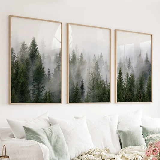 Green Pine Tree Forest. Foggy Nature Wall Art Print