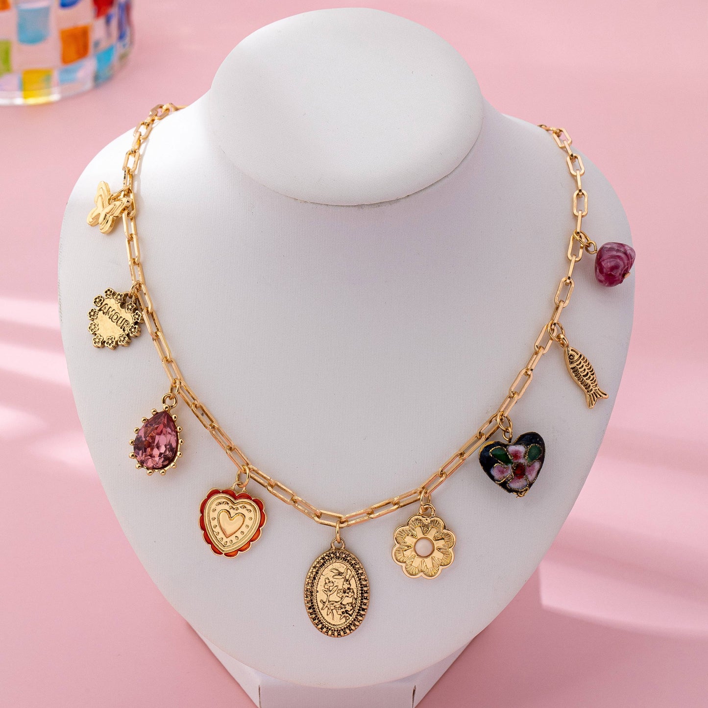 Heart Cloisonne Multi-Charm Necklace - Gold Paperclip Chain