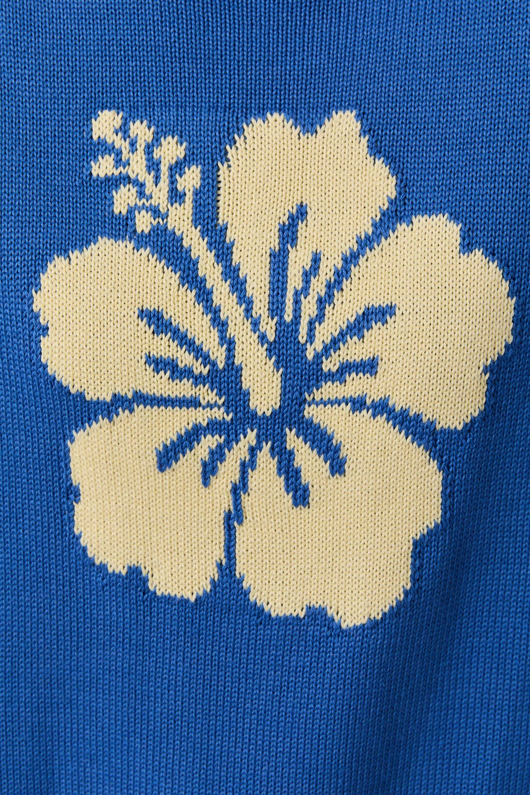 Close-up of a blue fabric with a beige flower pattern
