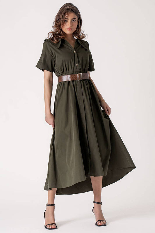 Exaggerated Collar Spring Shirt Belted Midi Dress