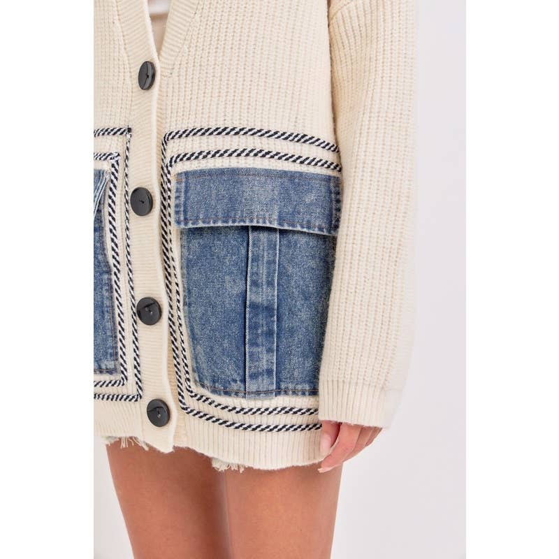 Knit Sweater Cardigan with Denim Pockets