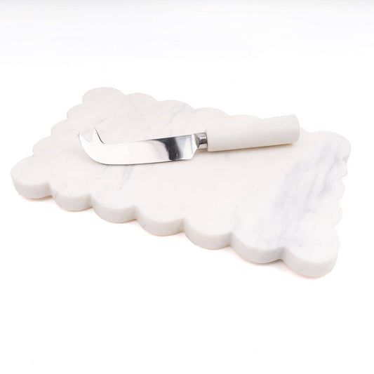 White Marble Scalloped Cheese Board & Knife Set