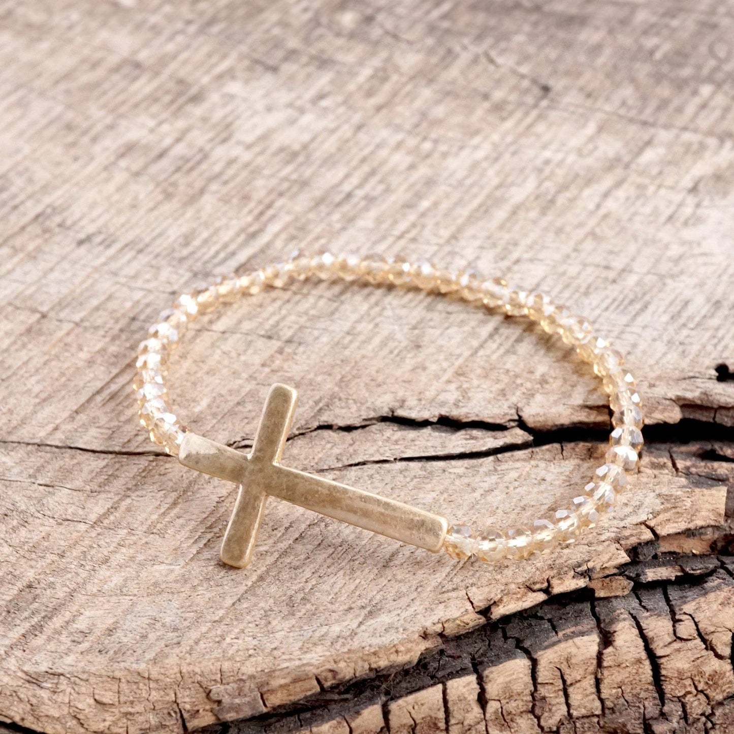 Sideways Cross Bracelet with Glass Beads - Gold Tone