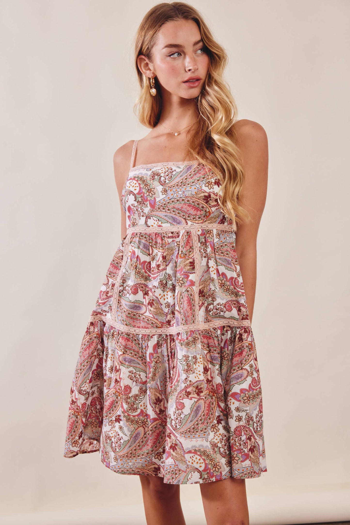 Paisley Lace Trim Mini Dress - Berry