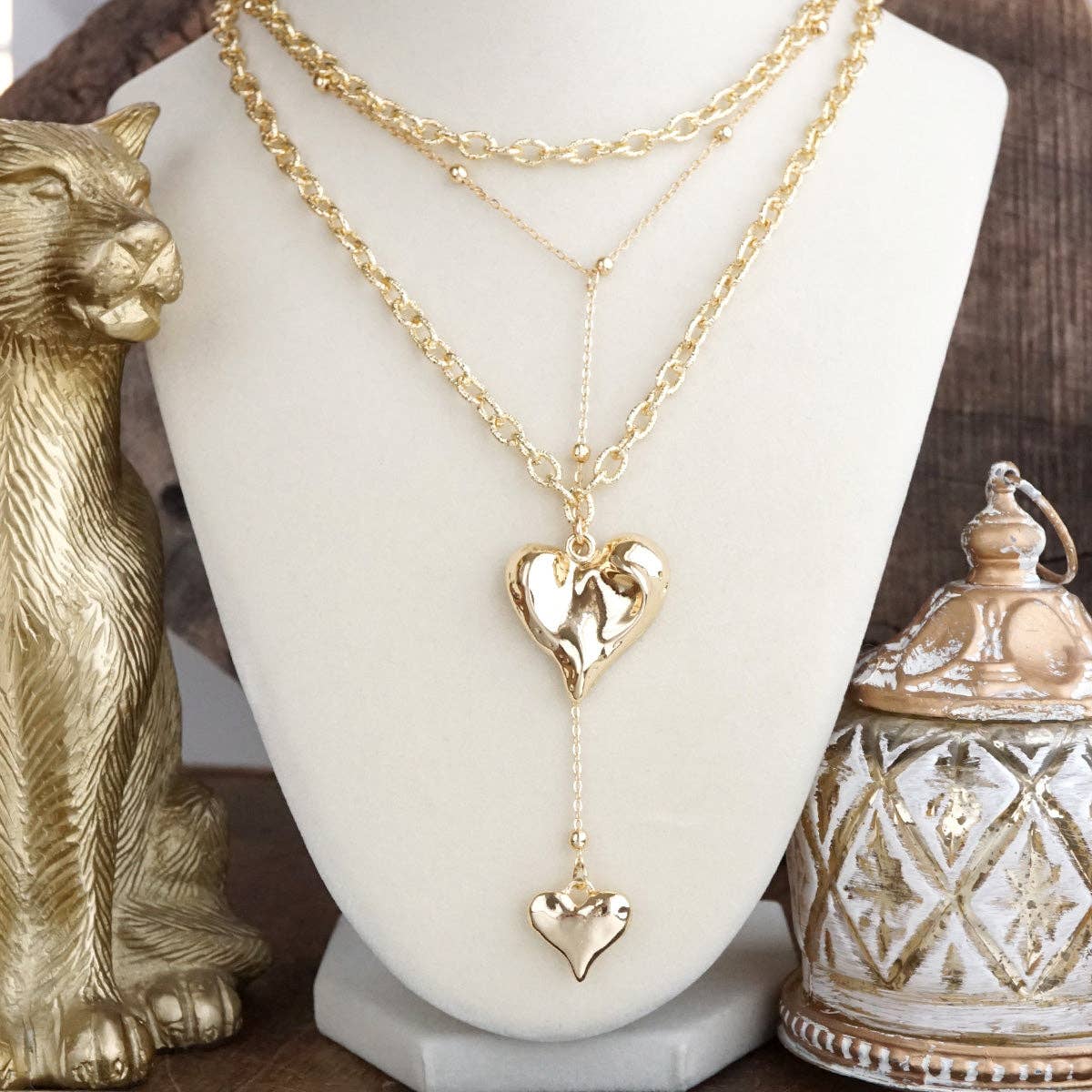 Flutter & Glow – Puffy Heart Lariat Layered Necklace in Gold