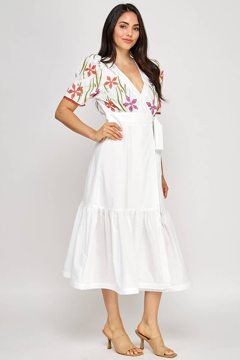LAST CHANCE - Floral Embroidered Puff Sleeve Wrap Midi Dress - size S