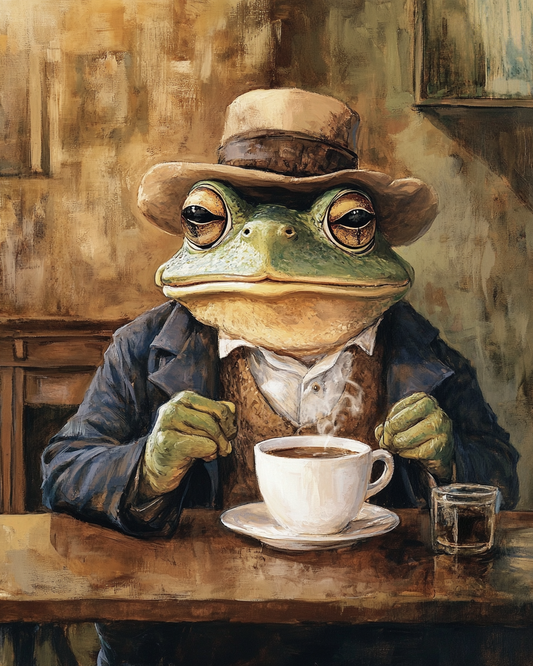 Frog Enjoying a Cup of Joe - Coffee Wall Art Prints - 8"x10" Art Print for 11"x14" Frame