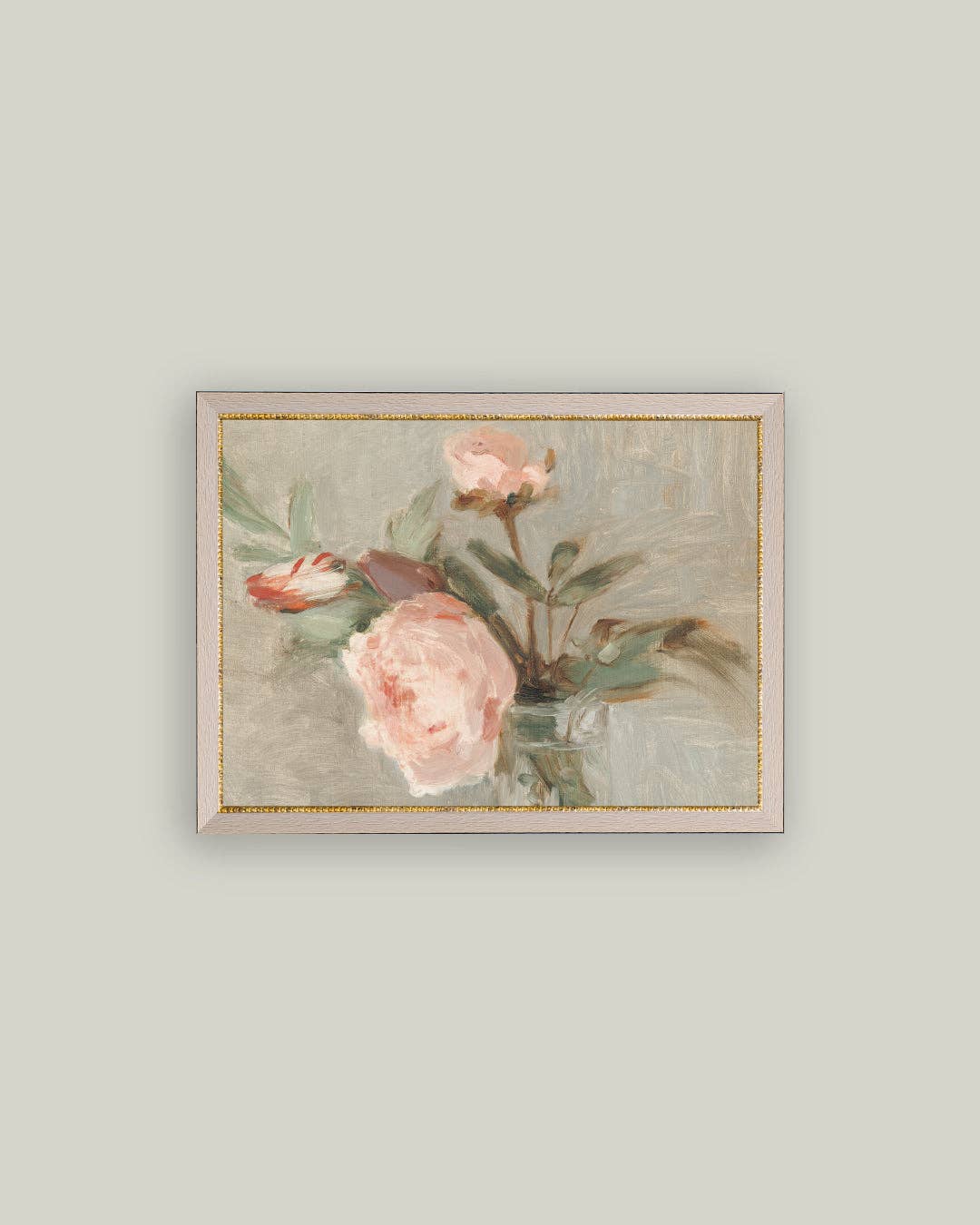 Framed canvas print with soft pink roses in a vase