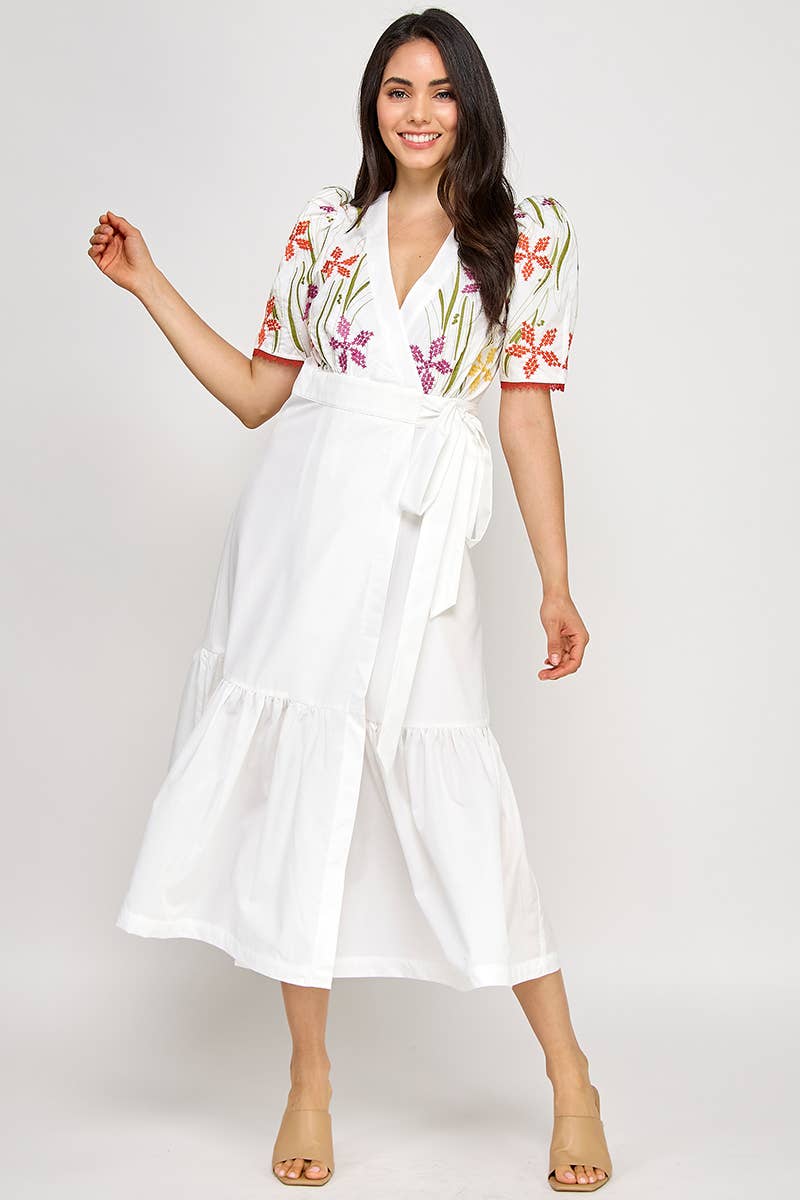 LAST CHANCE - Floral Embroidered Puff Sleeve Wrap Midi Dress - size S