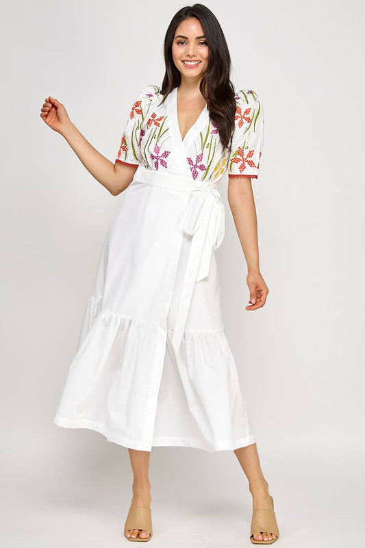 LAST CHANCE - Floral Embroidered Puff Sleeve Wrap Midi Dress - size S