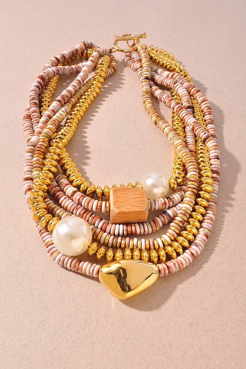 Multi Strand Mixed Bead Pearl Accent Statement Necklace