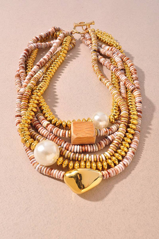 Multi Strand Mixed Bead Pearl Accent Statement Necklace