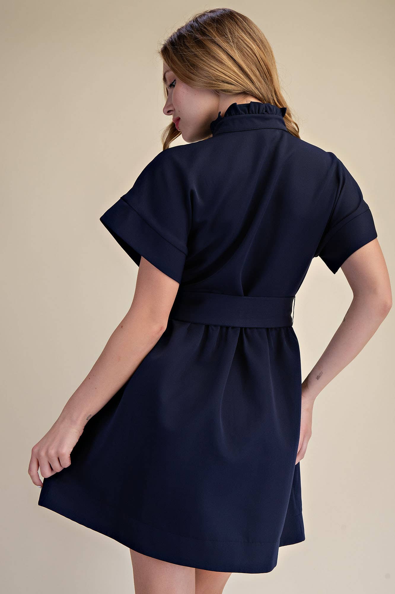 Ruffle Neck Mini Dress – Denim & Design
