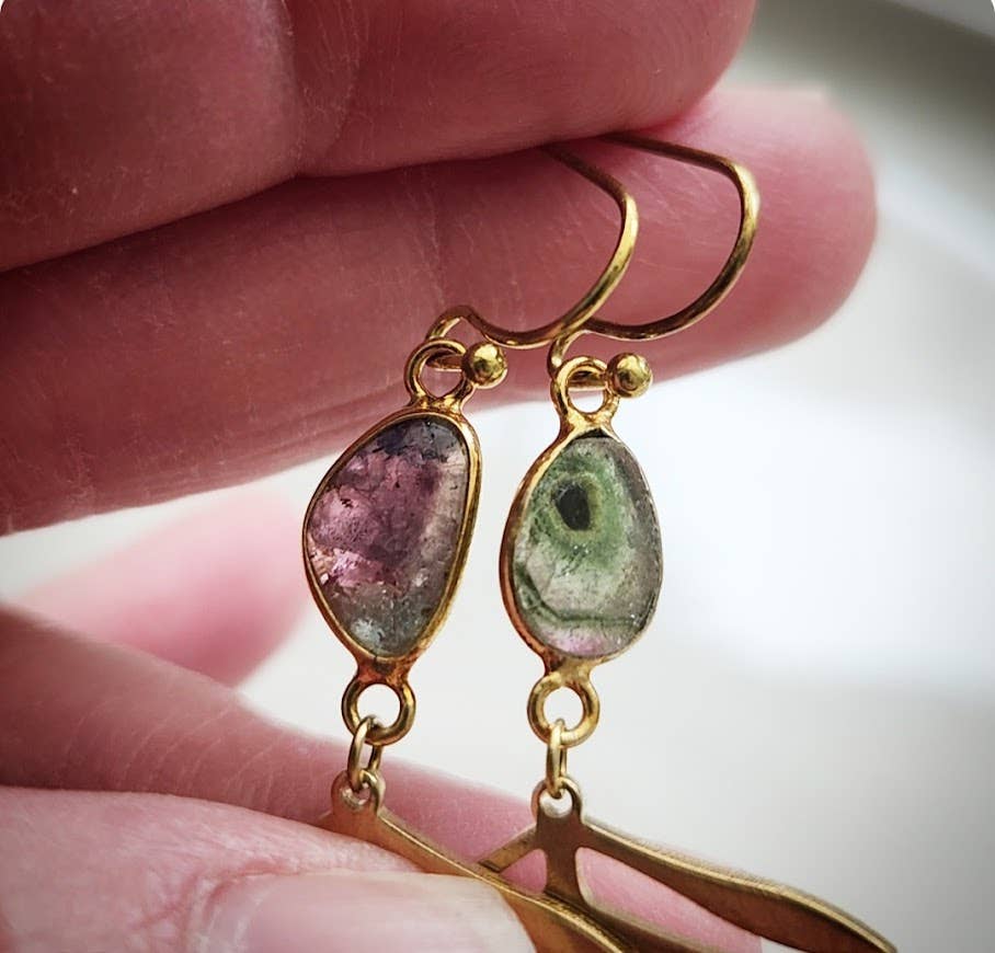 Brass Fern Leaf & Watermelon Tourmaline Dangle Earrings