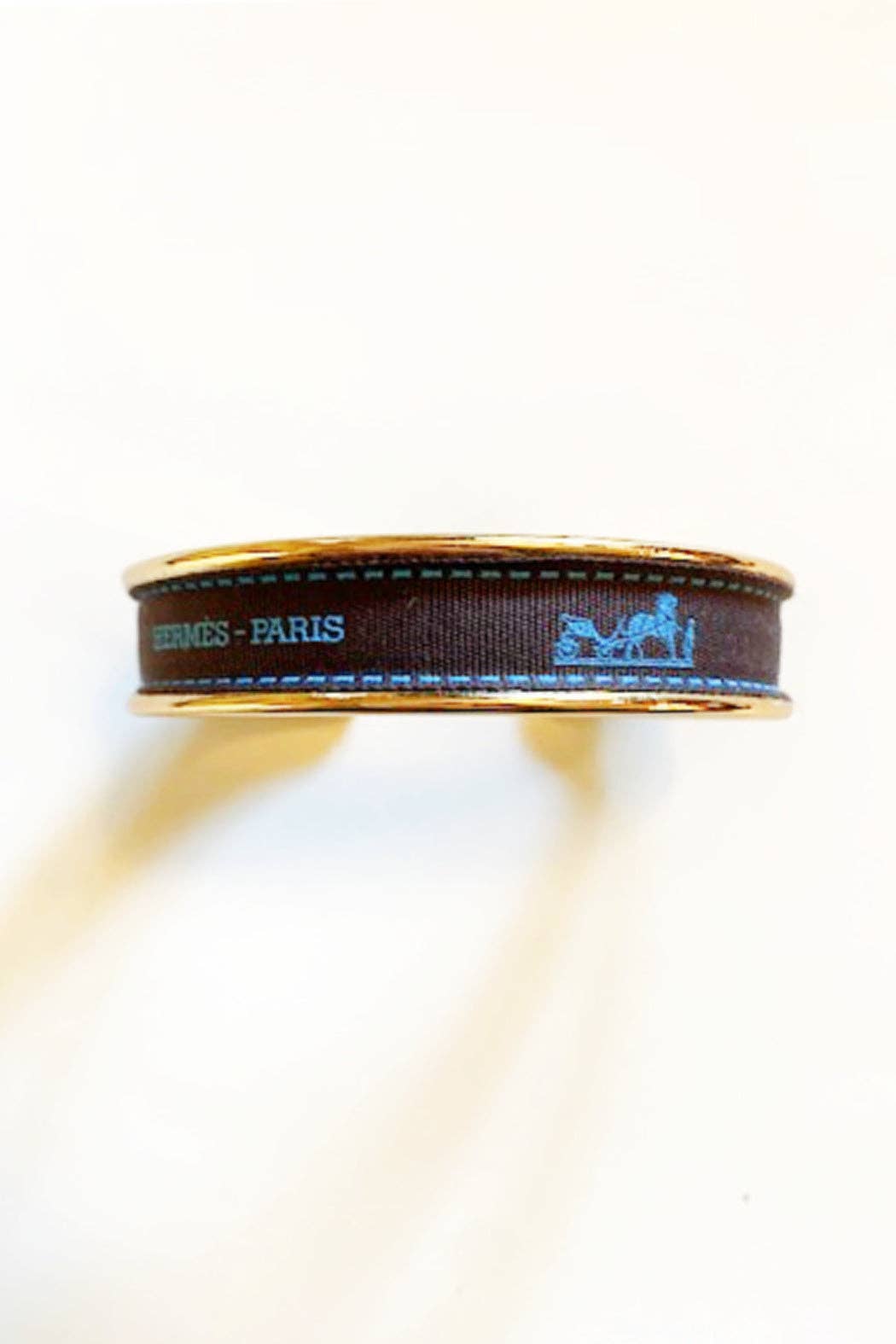 Upcycled  Hermes Brown and Blue Ribbon Cuff Bracelet