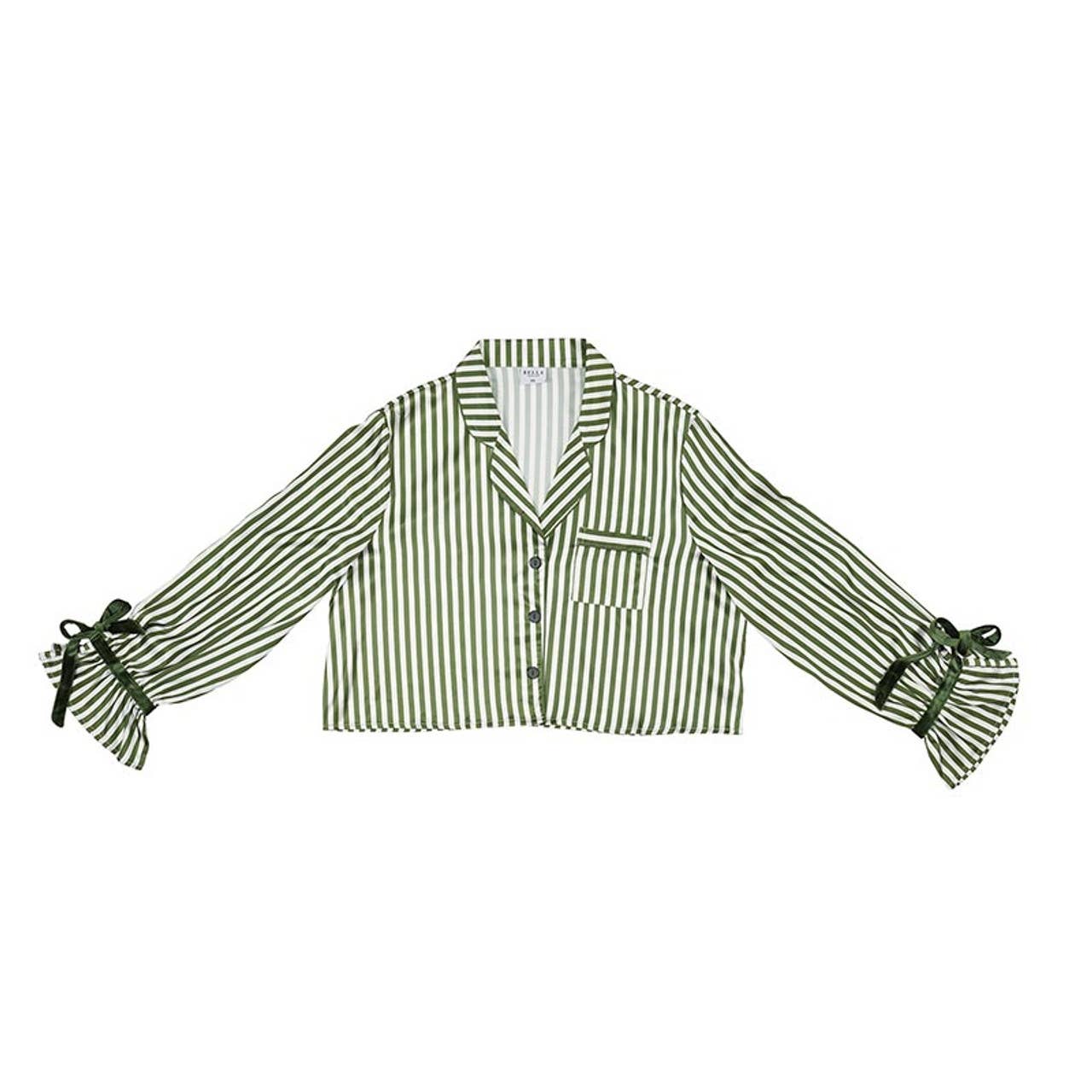LAST CHANCE - Green Stripe Velvet Trim Pajama Set – Button Up Top & Shorts