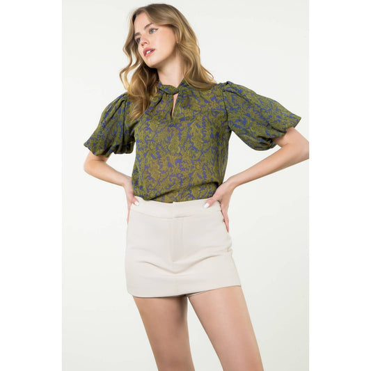 Twist Neck Puff Sleeve Print Top
