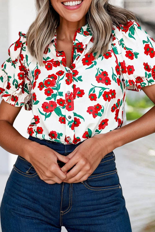 Floral Print Ruffled Puff Sleeve Button-up Shirt | S-XL