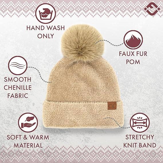 Women's Chenille Winter Pom Beanie - Beige