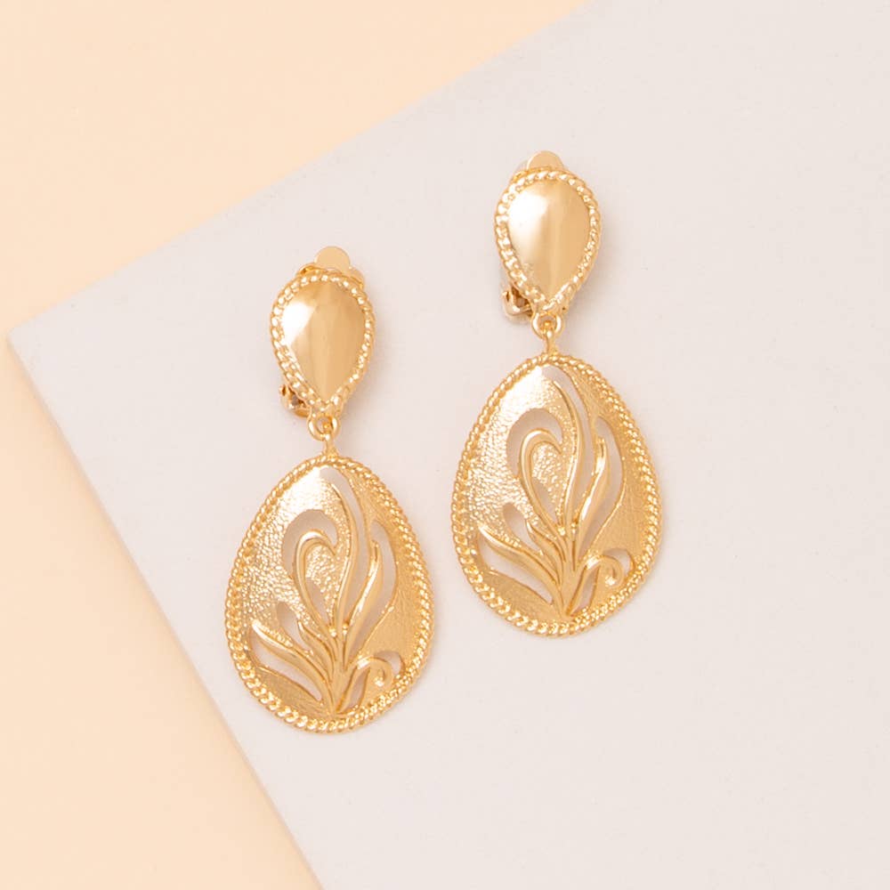 Textured Cutout Leaf Teardrop Clip On Earrings