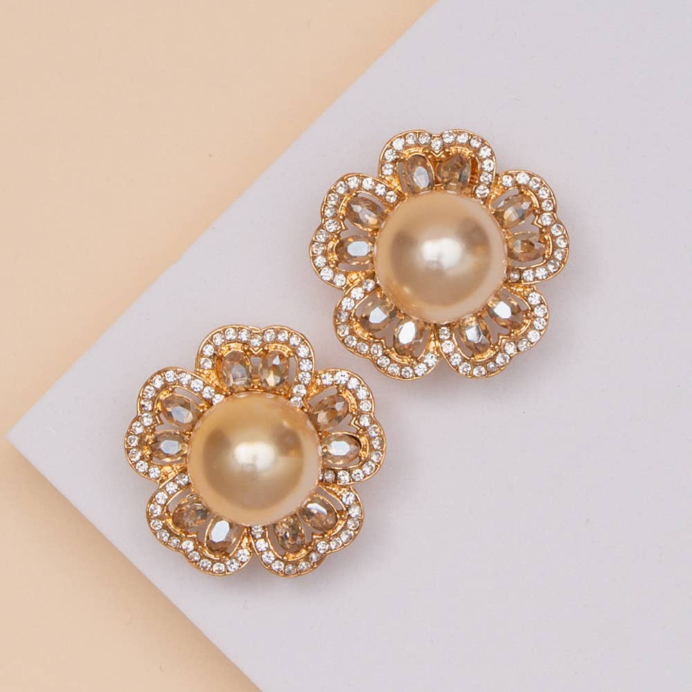 Pearl Crystal Flower Clip-On Earrings with Rhinestone Accent