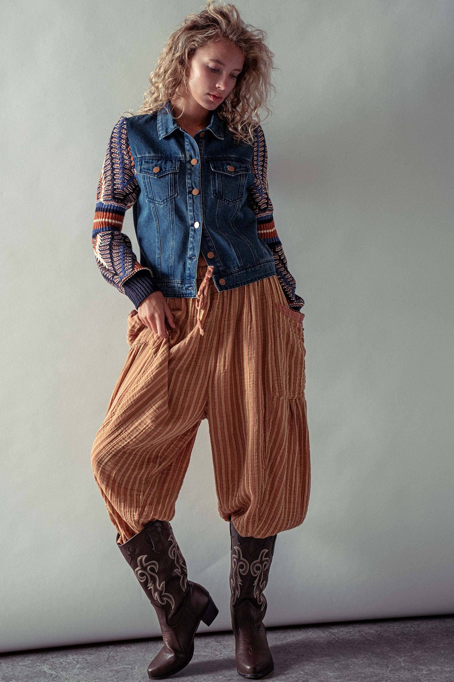 Denim Jacket with Knit Sleeves