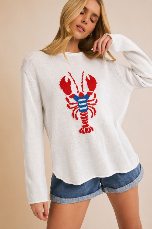 Lobster in Stripe Tee Boxy Cotton Sweater in White