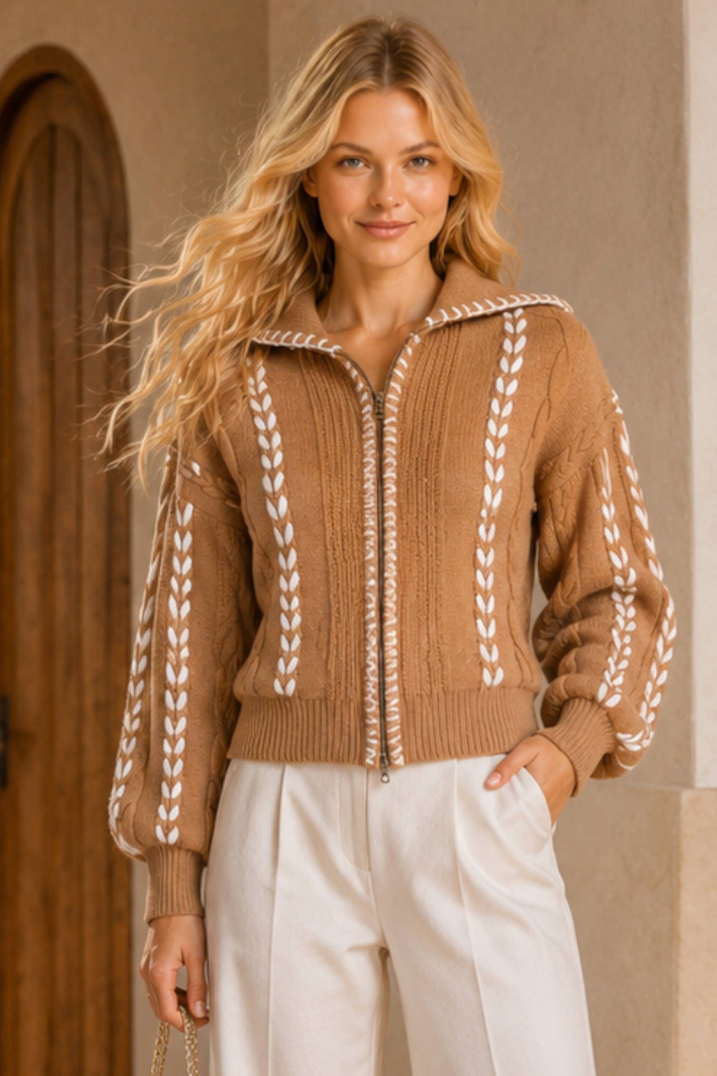 Cozy Cable Knit Zip Front Sweater Jacket