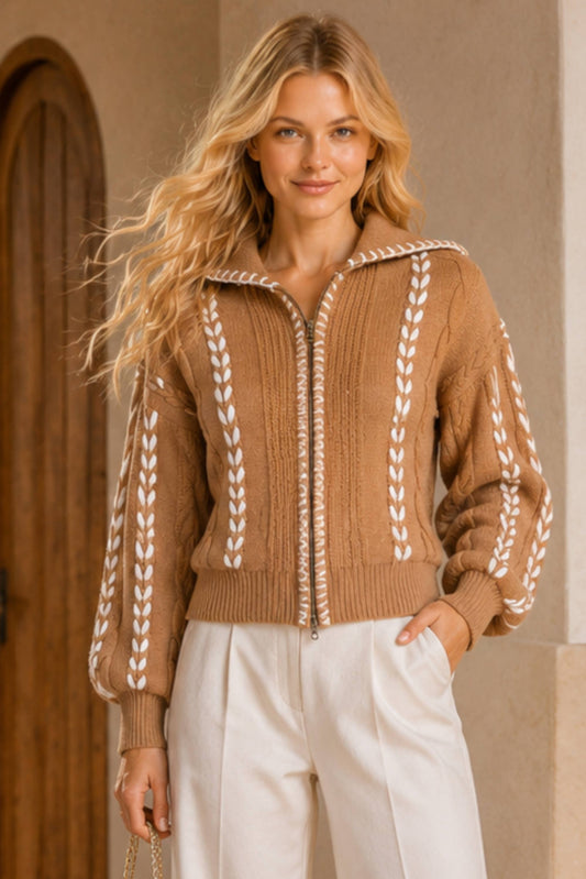 Cozy Cable Knit Zip Front Sweater Jacket