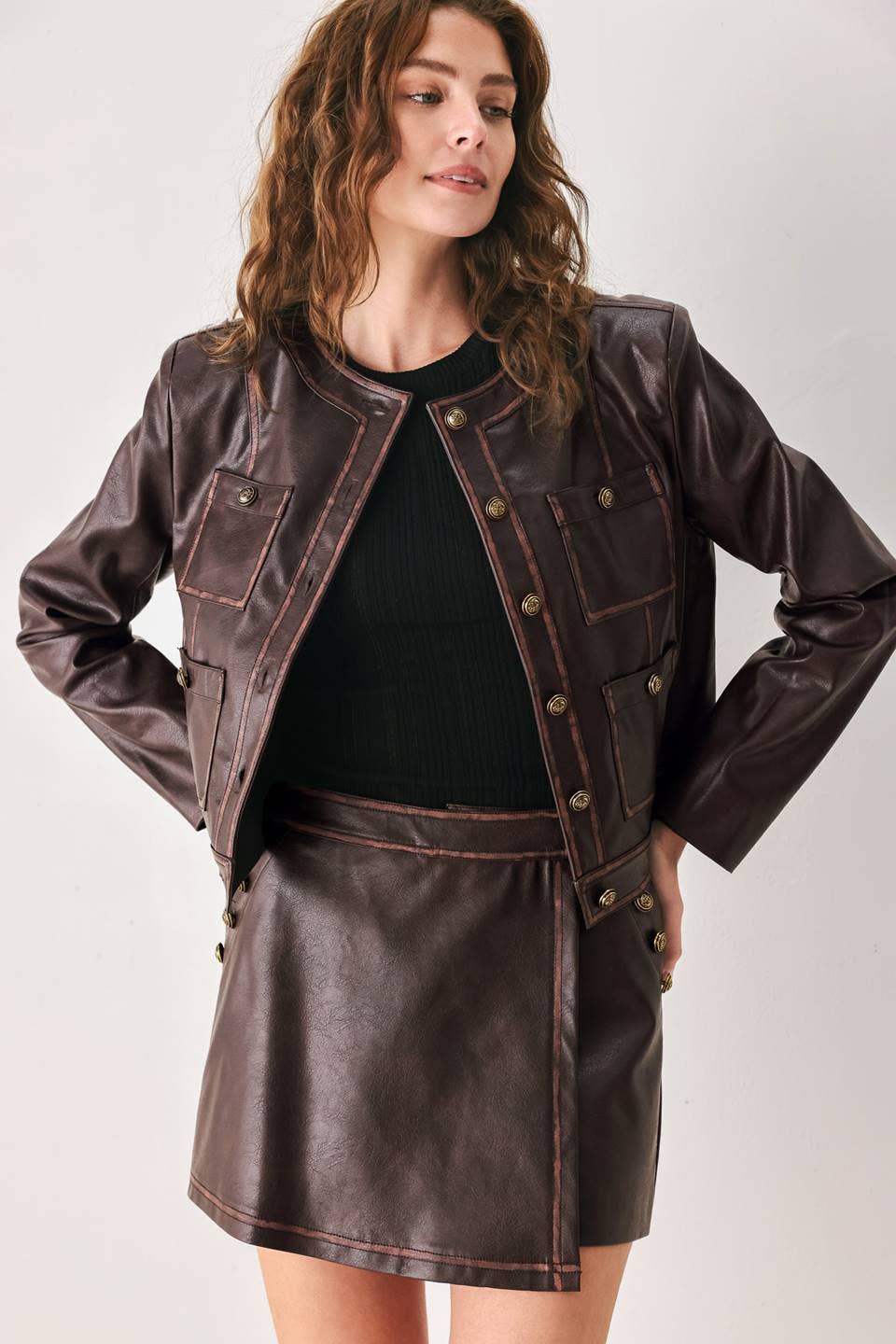 A faux leather skort