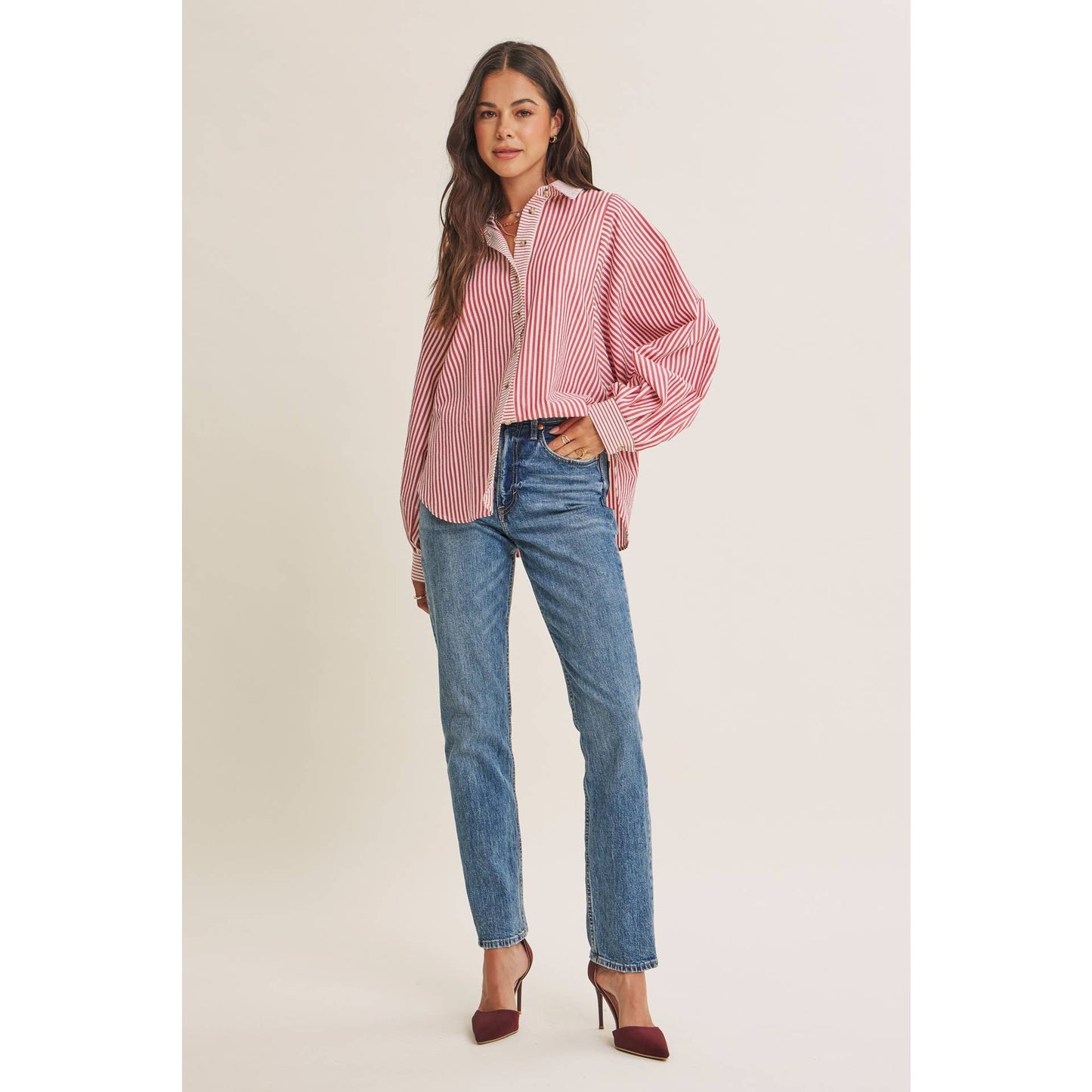 FRENCH CAFE EFFORTLESS DRAPE BATWING BUTTON-DOWN SHIRT