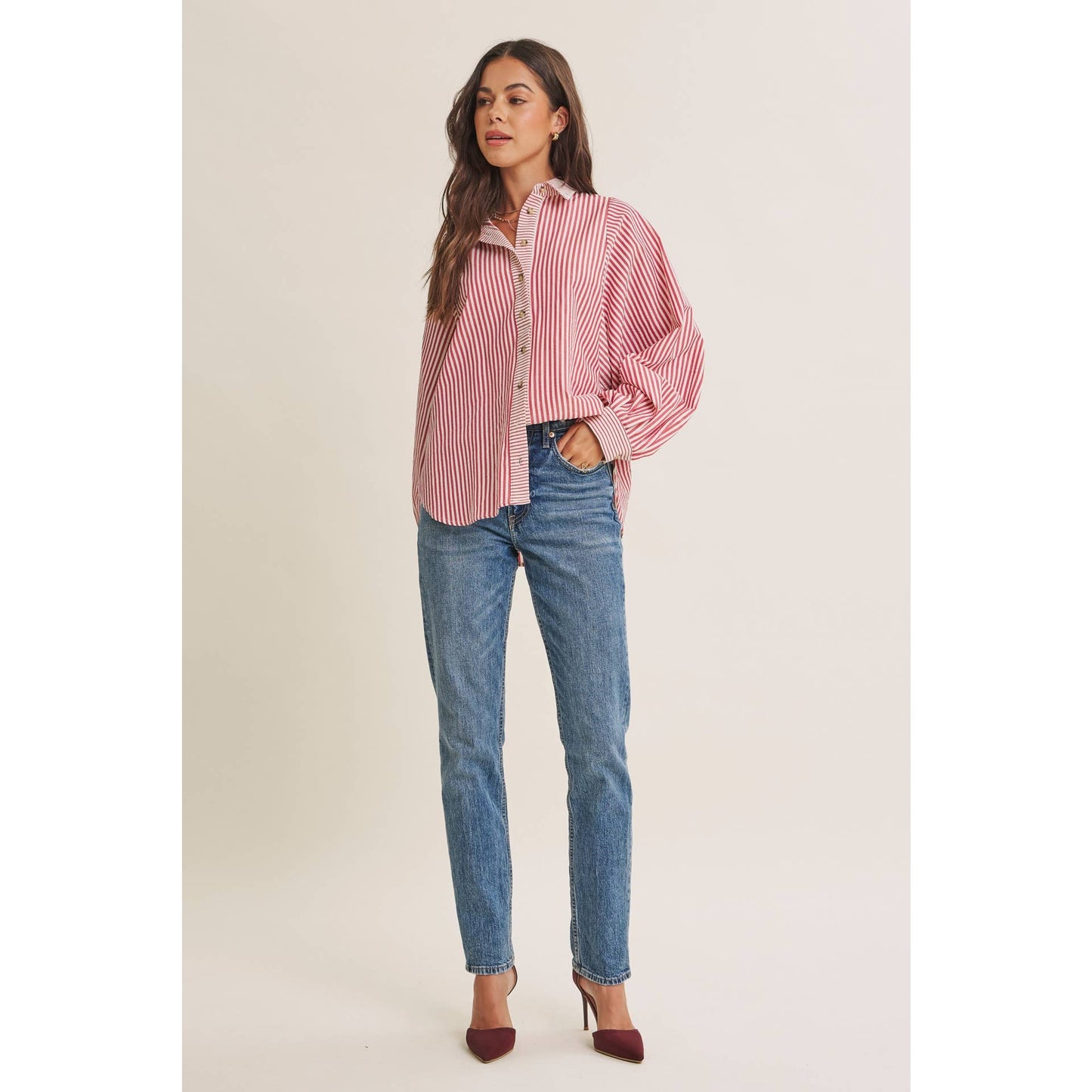 FRENCH CAFE EFFORTLESS DRAPE BATWING BUTTON-DOWN SHIRT