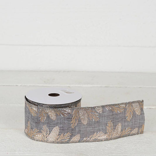 R32927-Wired Ribbon-Gray Burlap with pinecones (2.5inW)