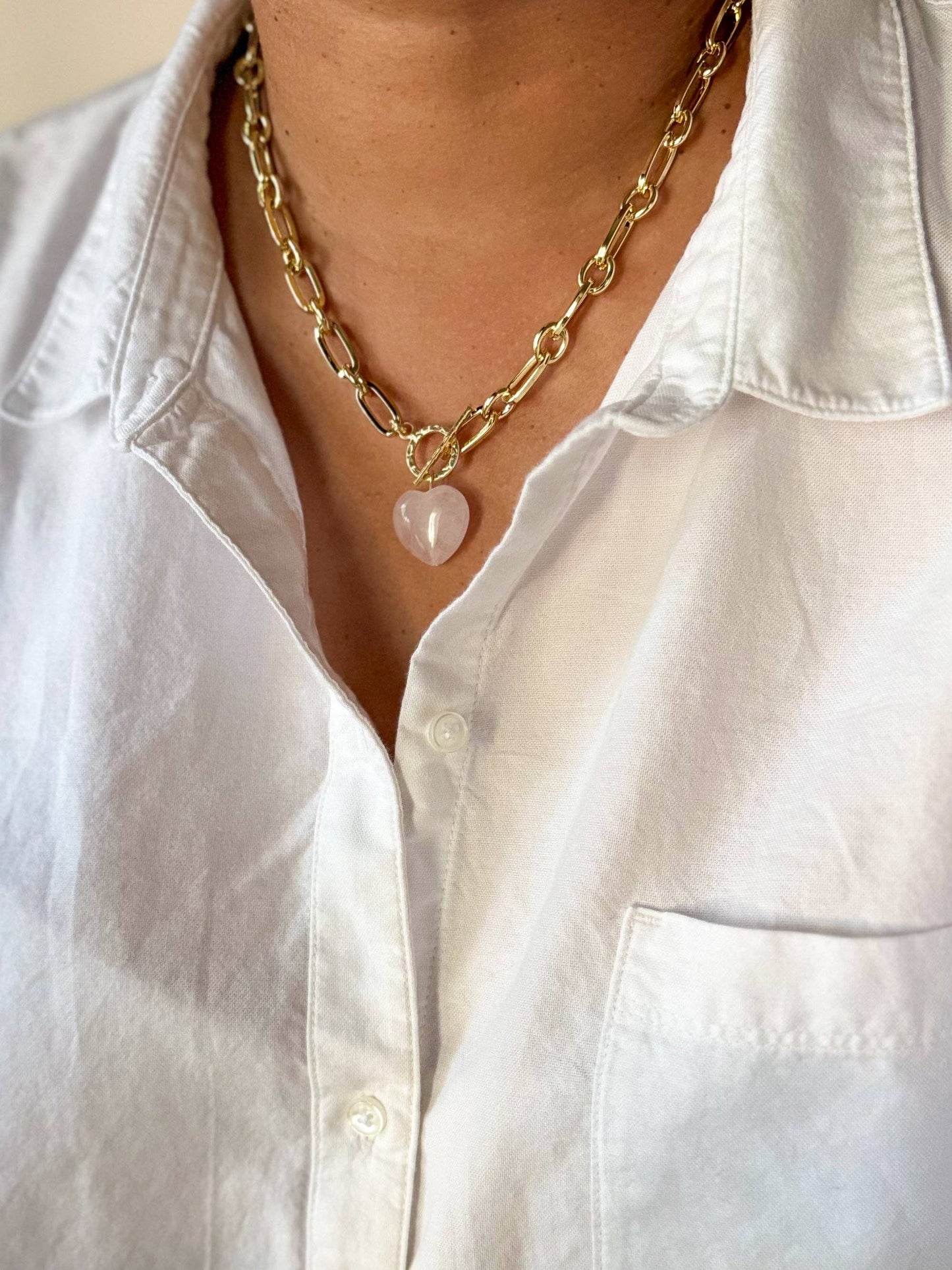 Pink Rose Quartz Crystal Heart Pendant Necklace - 18K Gold