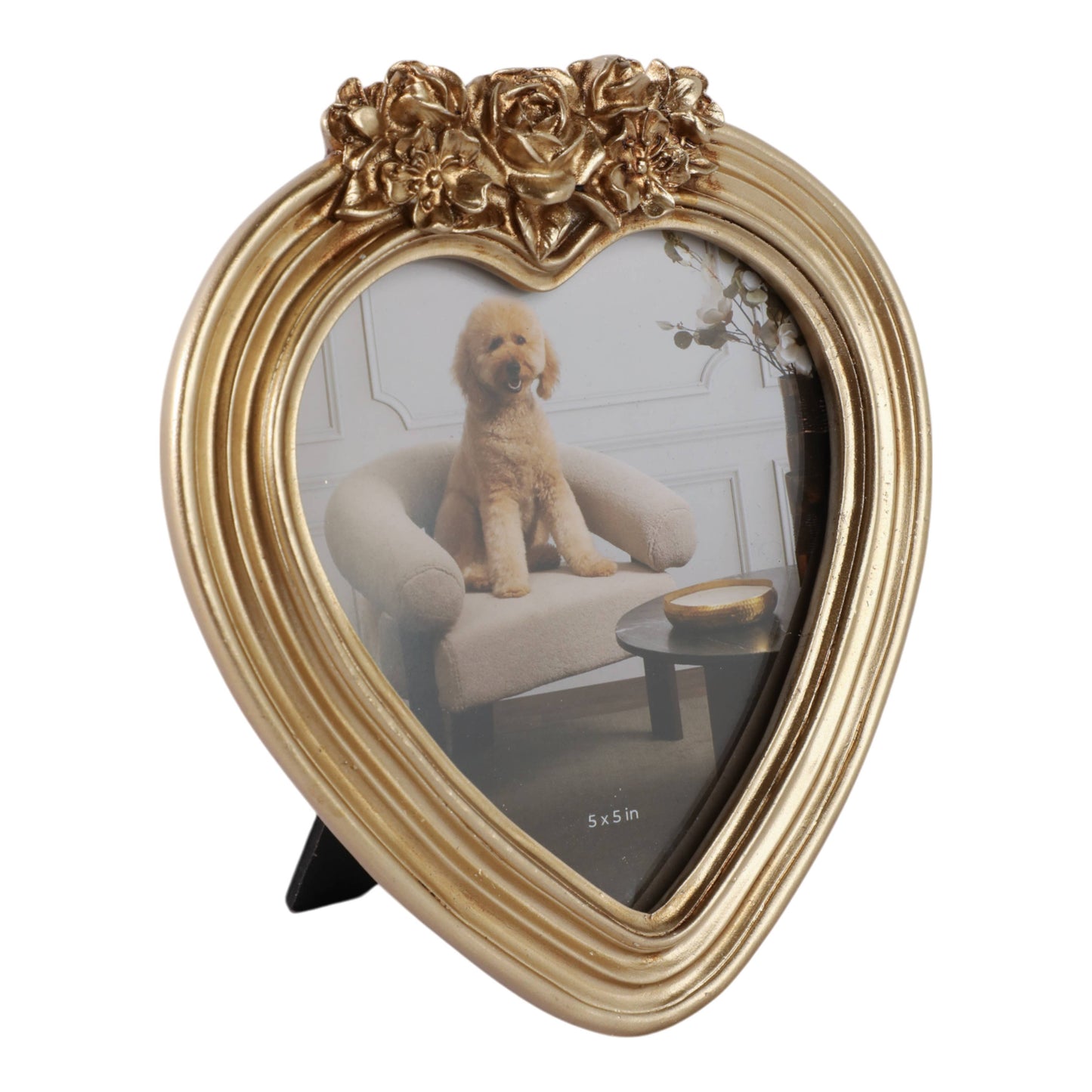 Photo Frame - Gold Polyresin Heart with Roses, 5x5 in.