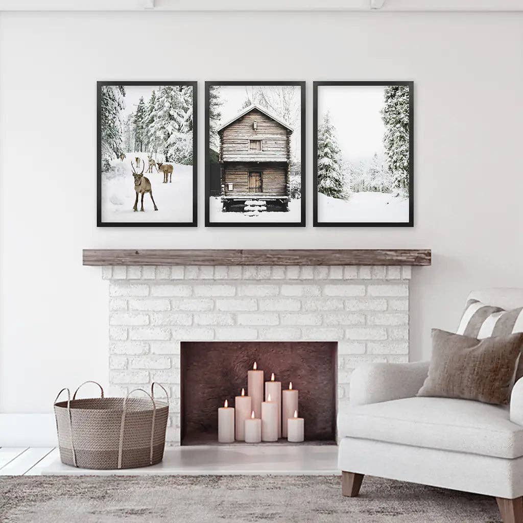 Winter Landscape Wall Art Print. Deer, Log Cabin, Forest