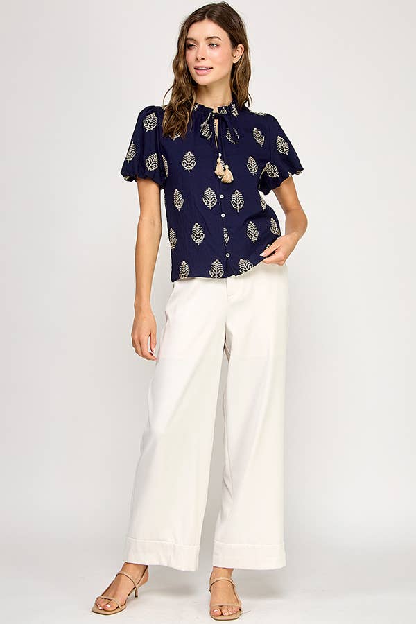 Gold Leaf Embroidered Short Sleeve Top