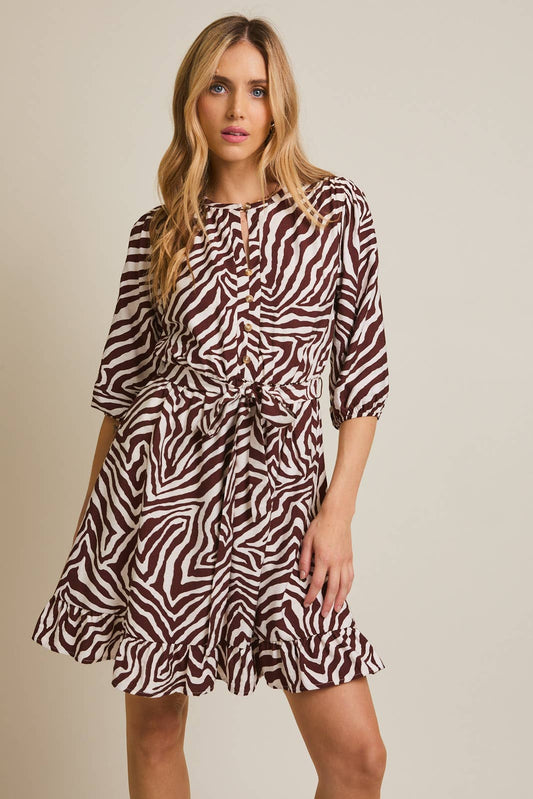 ROUND NECK 3/4 SLEEVE WAIST TIE ZEBRA DRESS