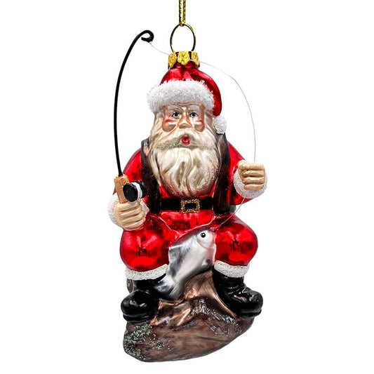 Relaxing Santa Claus Fishing Glass Ornament