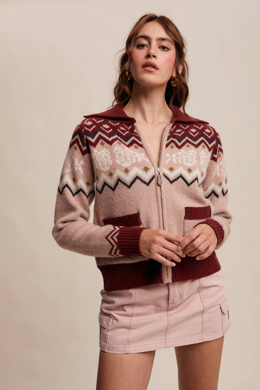 Retro Floral Knit Zip-Up Cardigan