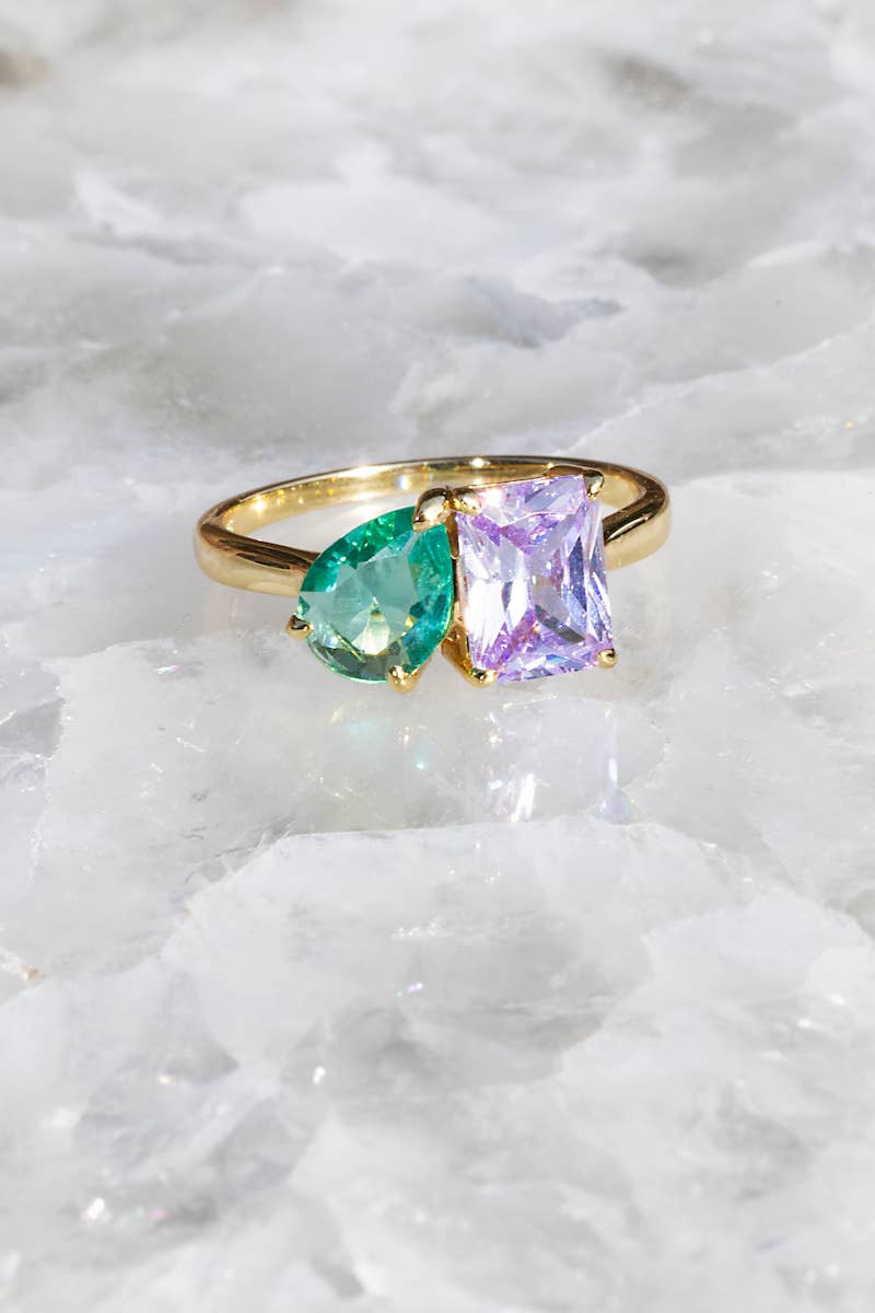 Perfect Pair Ring - Amethyst and Paraiba CZ, 14K Gold Vermeil