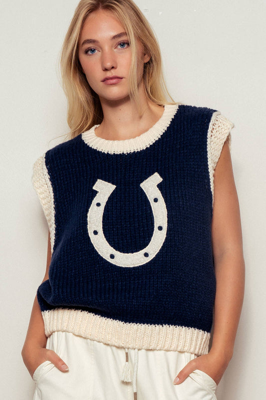 Western Horseshoe Crochet Knit Ribbed Trim Sweater Vest