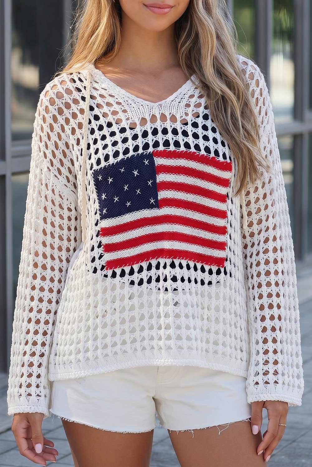 Patriotic American Flag Crochet Knit Sweater Hoodie