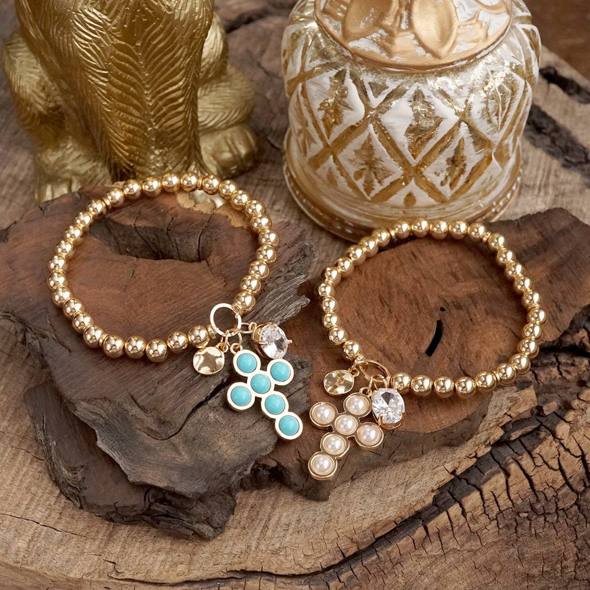 Golden Keepsakes Charm Cluster Stretch Bracelet with Beads and Stones